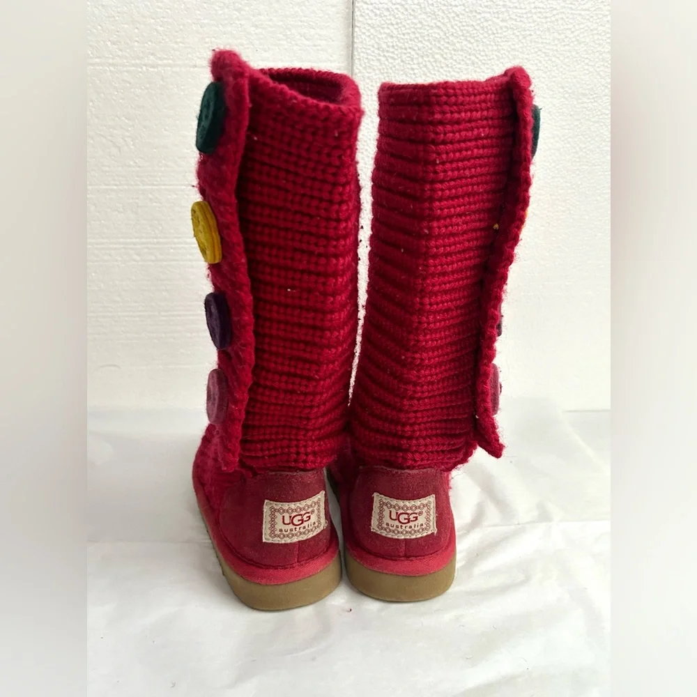 UGG Kids High Red Knit Boots with Multicolor Buttons‎